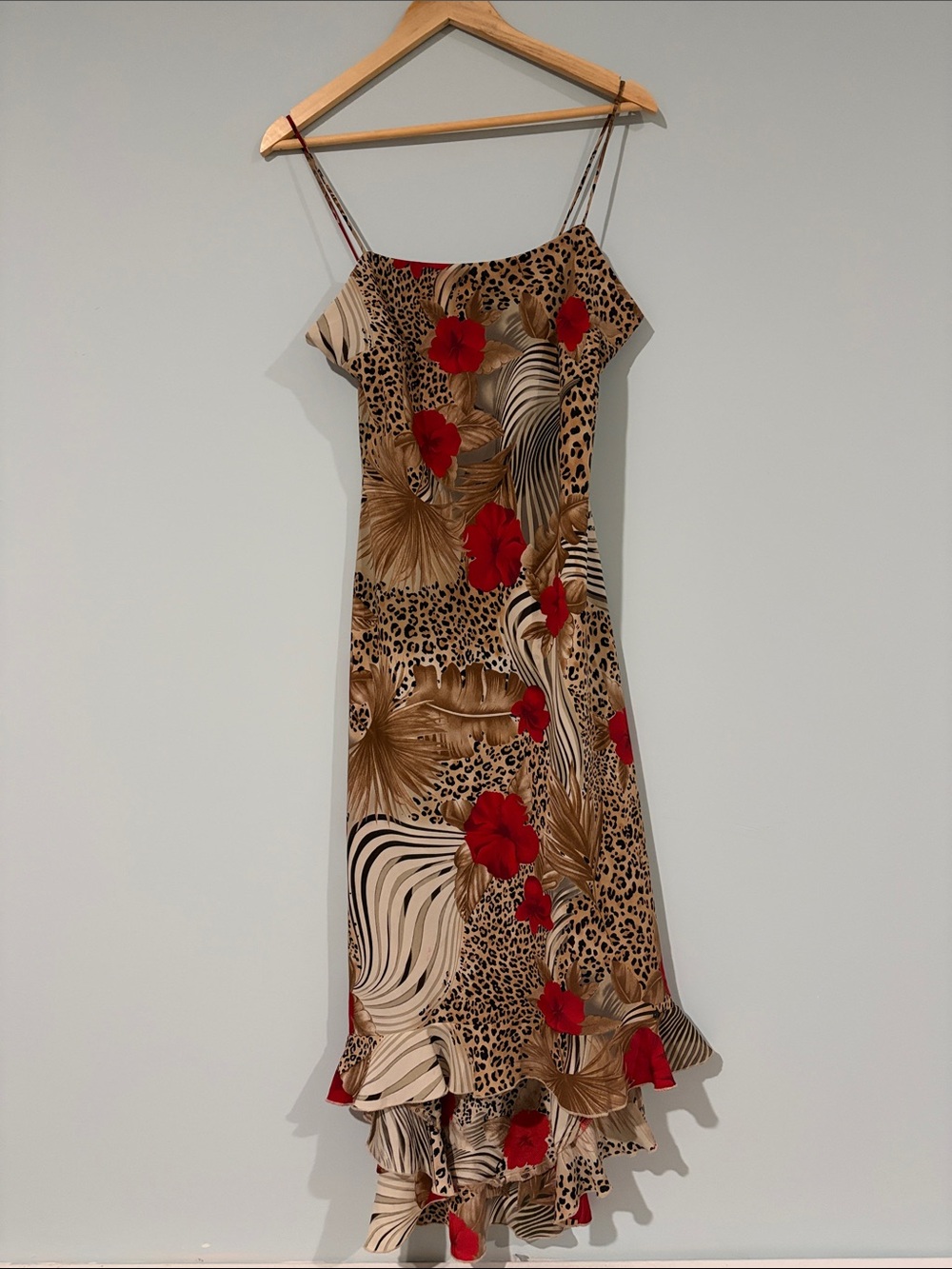 Y2K-era Tropical Leopard Slip Midi Dress with Red Floral
